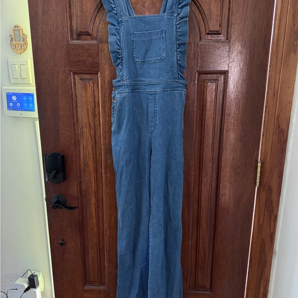 Sezane Blue Denim Ruffle Jumpsuit